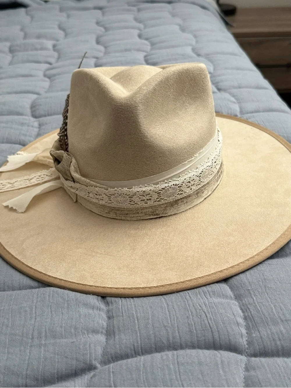 Custom Boho Feathered Wide-Brim Hat in Beige